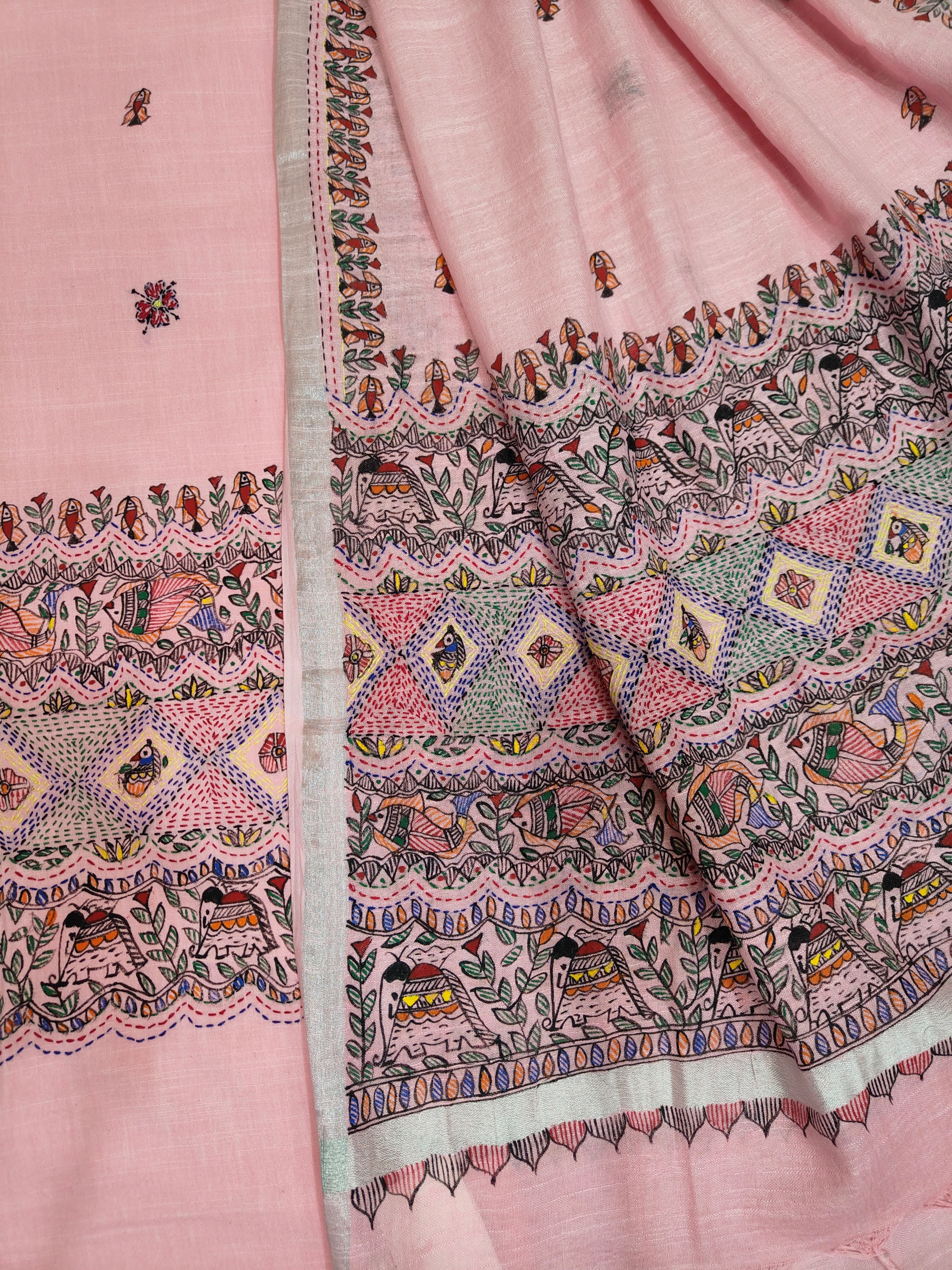 Hand-painted Madhubani with Sujni Embroidery Unstitched Suit Set on Cotton in Soft Pink